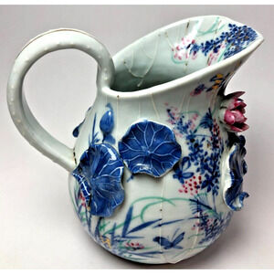Mid 19th Century English Flow Blue Porcelain Pitcher Applied Water Lilies Pads